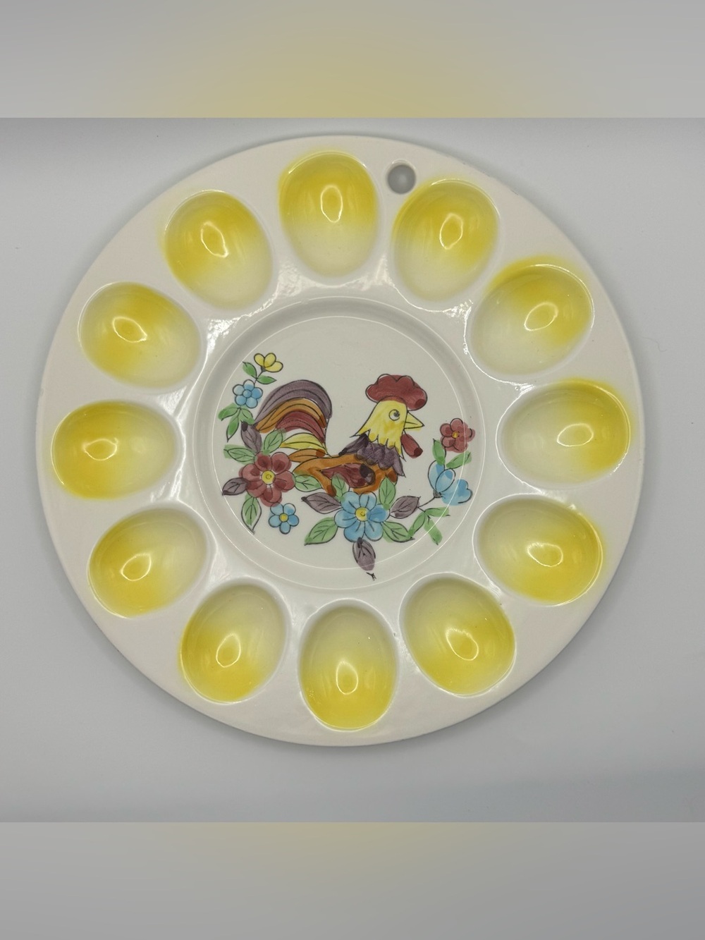 Vintage Ceramic Deviled Egg Platter Rooster Floral Yellow 12 Egg Serving Tray
